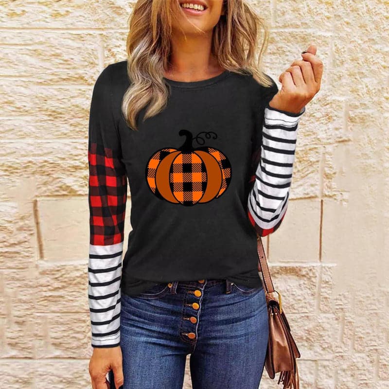 Spook-tacular women's patchwork knit top for Halloween fun