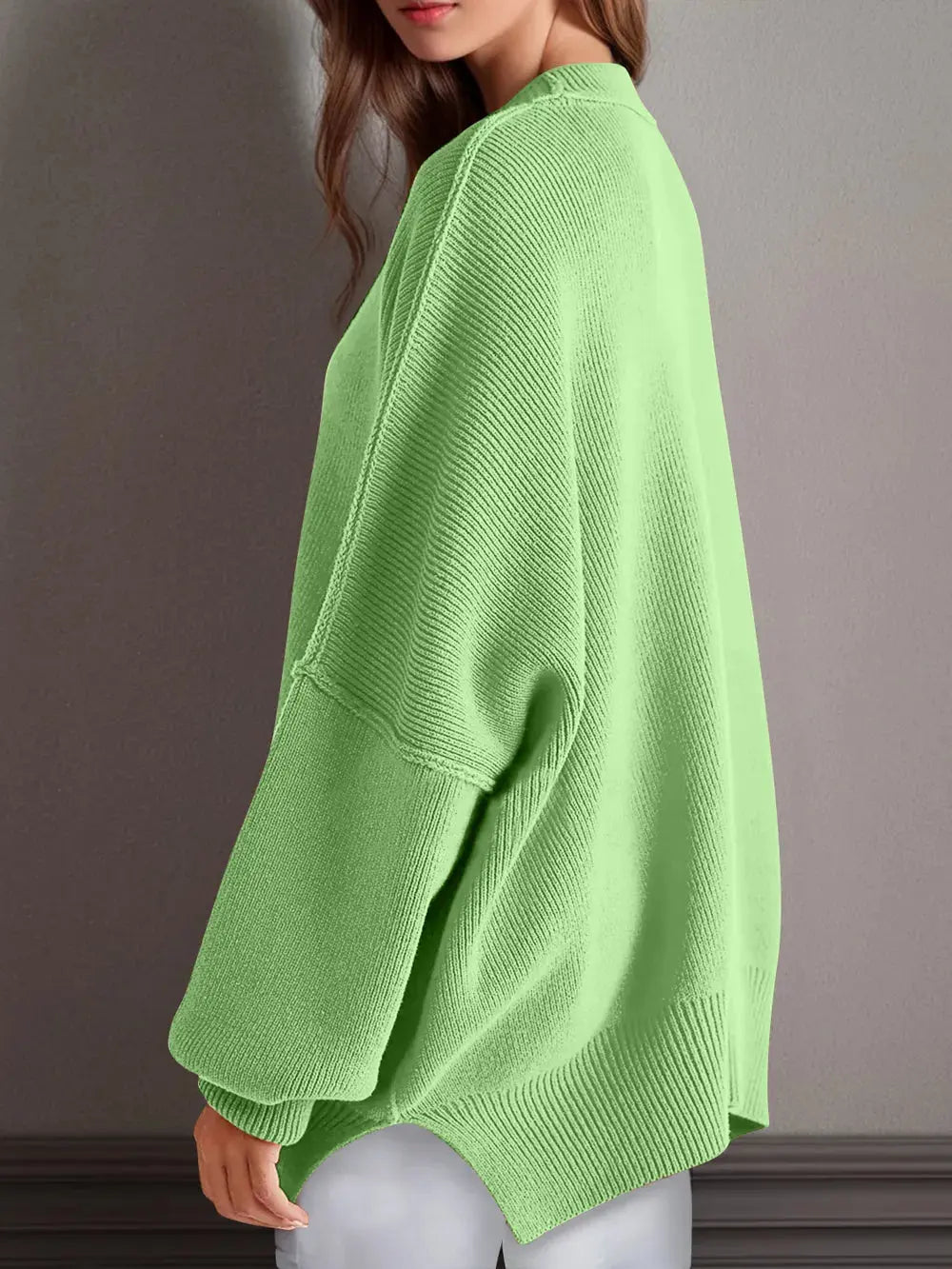 Double Take Side Slit Round Neck Long Sleeve Sweater - Love Salve