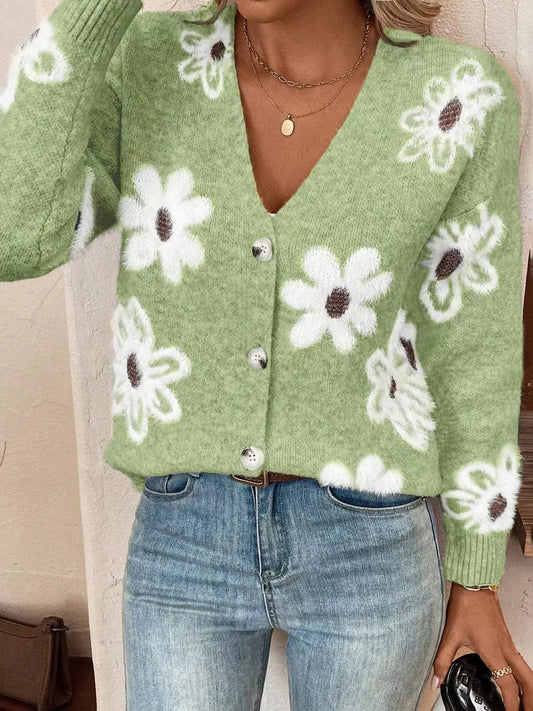 Floral Print Button-Up Knit Cardigan Simply Love