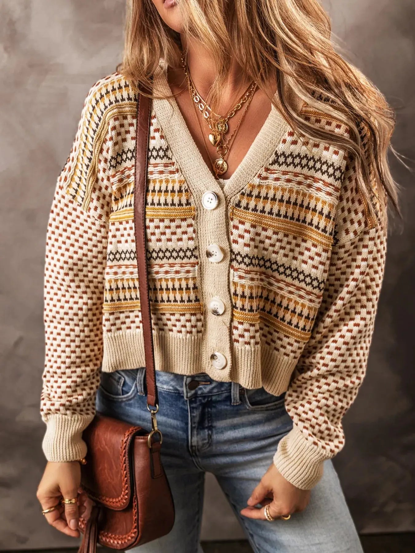 Vintage Patterned Button-Down Cardigan Simply Love