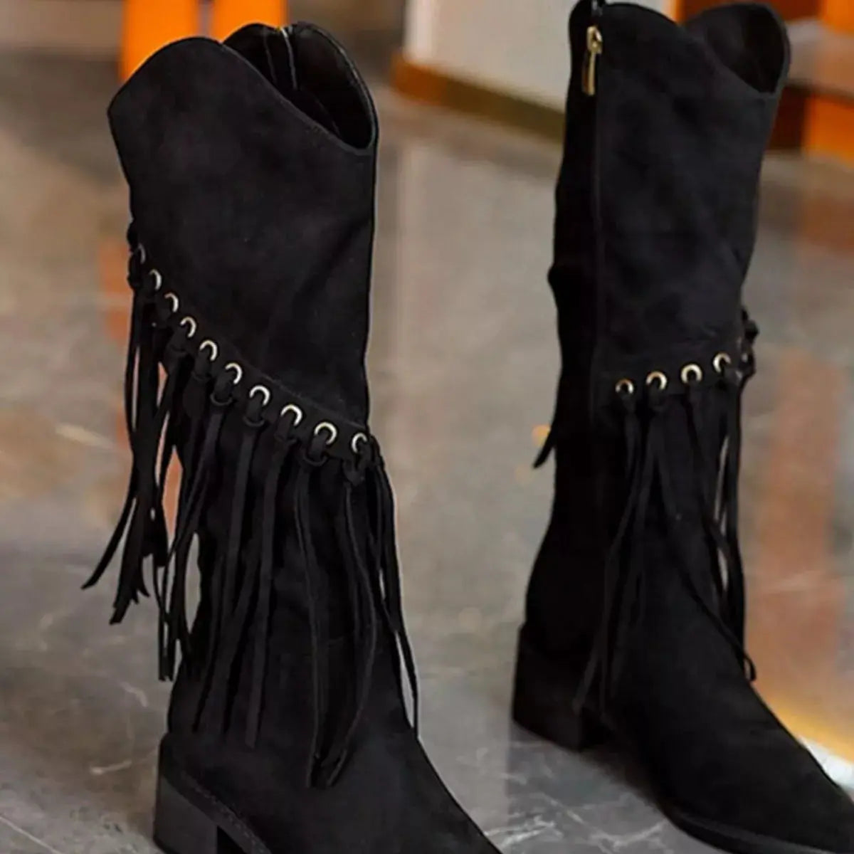 Fringed Point Toe Block Heel Boots Simply Love