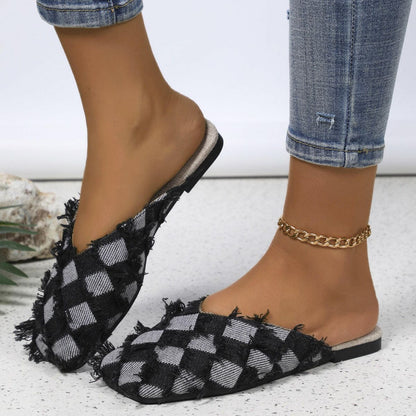 Cozy Plaid Square Toe Flat Slides.