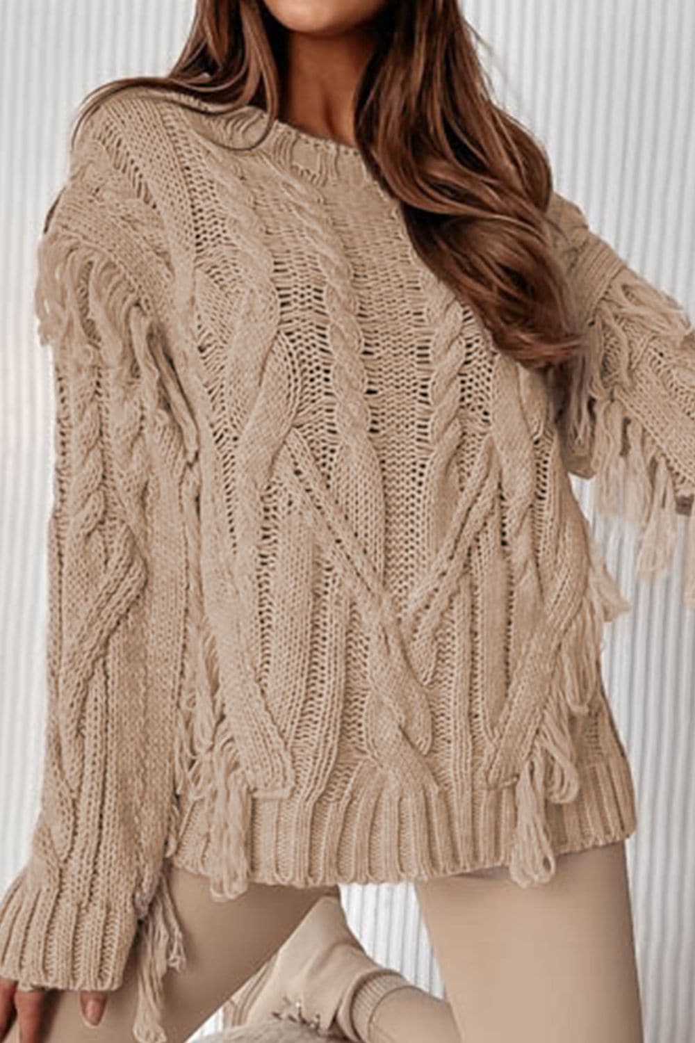 Cable-Knit Fringe Round Neck Sweater.