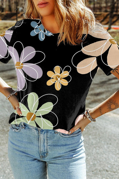 Flower Round Neck Short Sleeve T-Shirt.