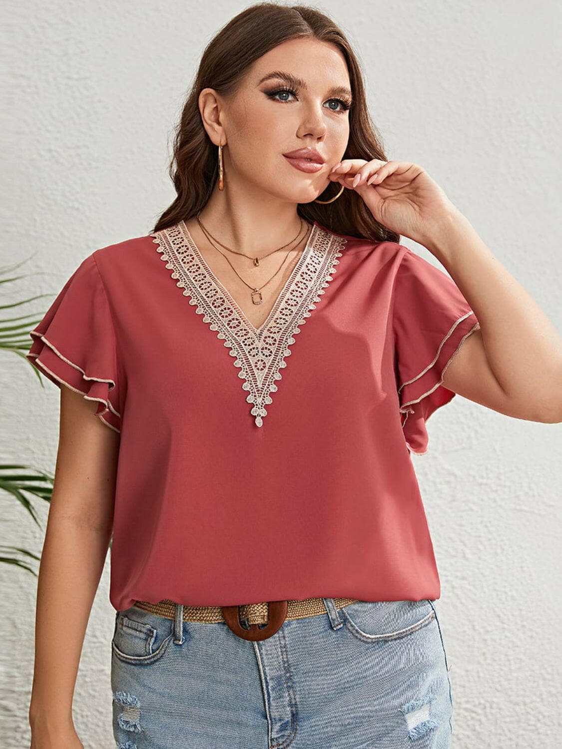 Plus Size Contrast V-Neck Layered Flutter Sleeve Blouse.