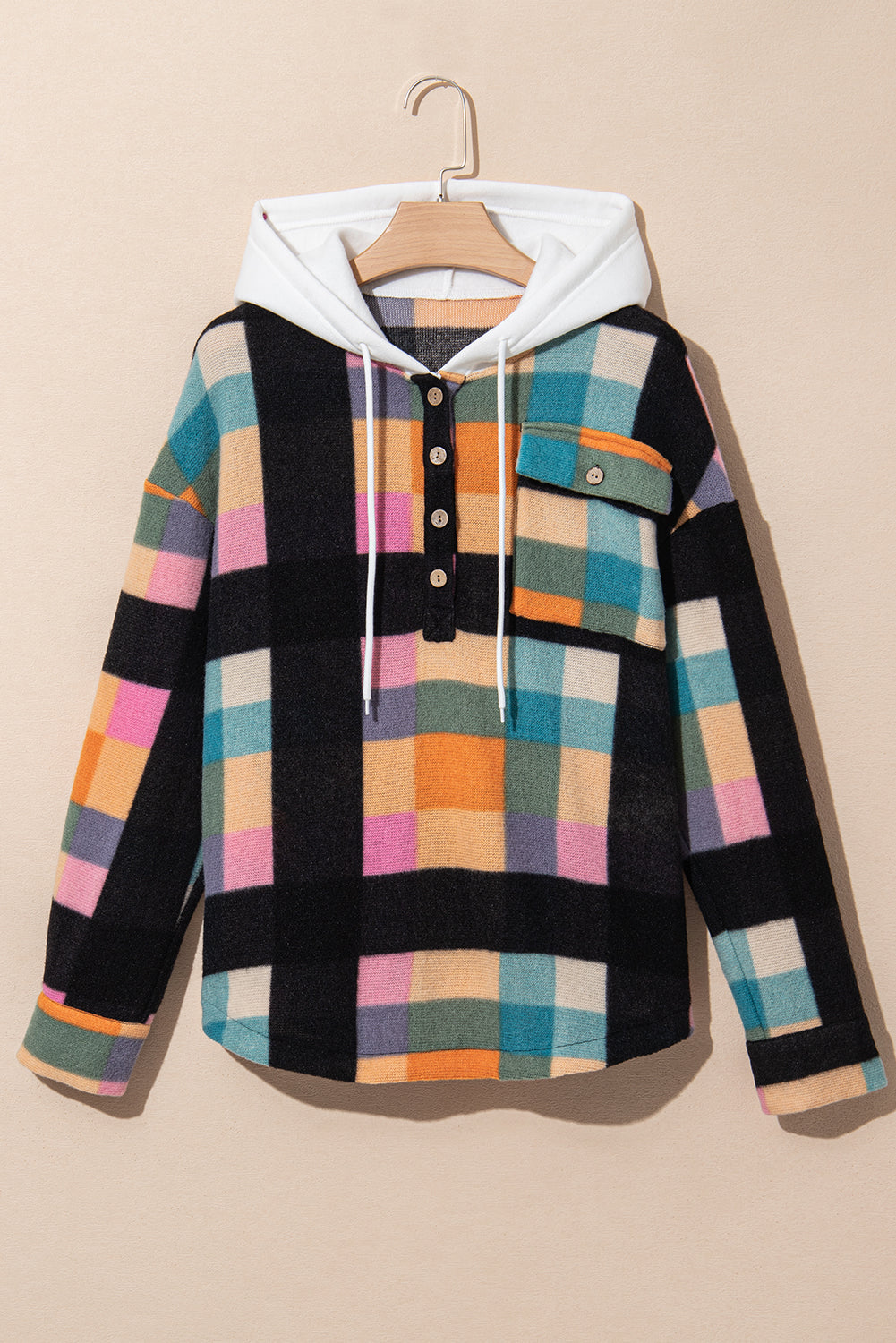 Colorful plaid buttoned hoodie with flap pockets