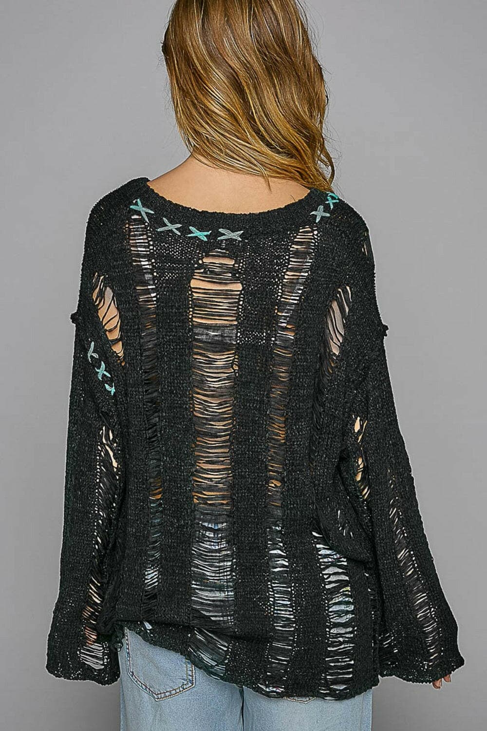 POL Distressed Dropped Shoulder Long Sleeve Knit Top.