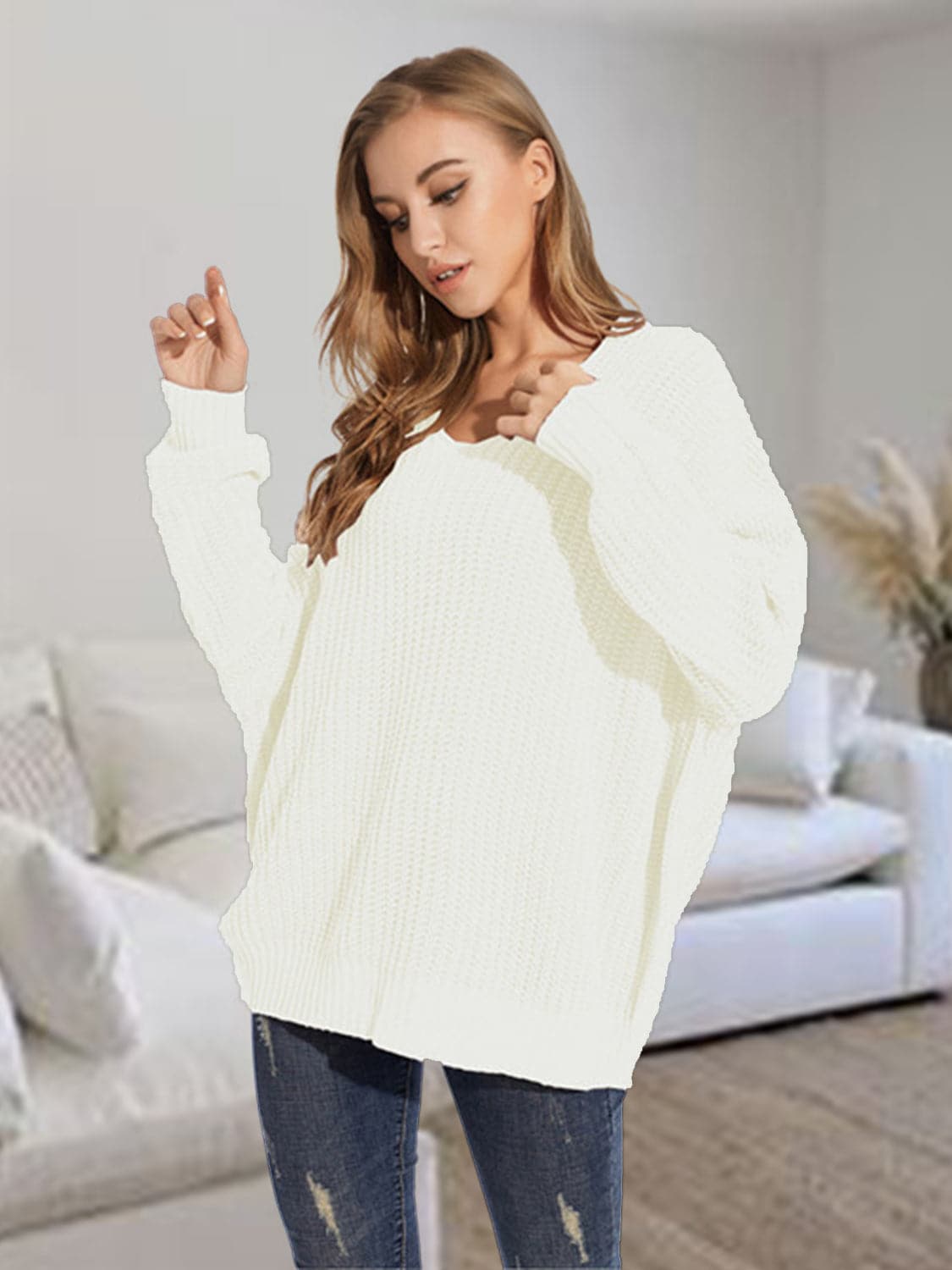 V-Neck Batwing Dropped Shoulder Sweater.