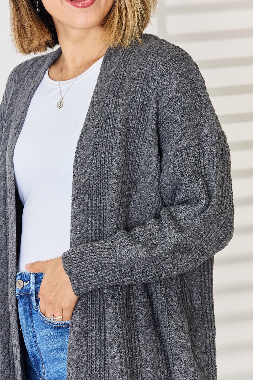 Cable-Knit Open Front Dropped Shoulder Cardigan.