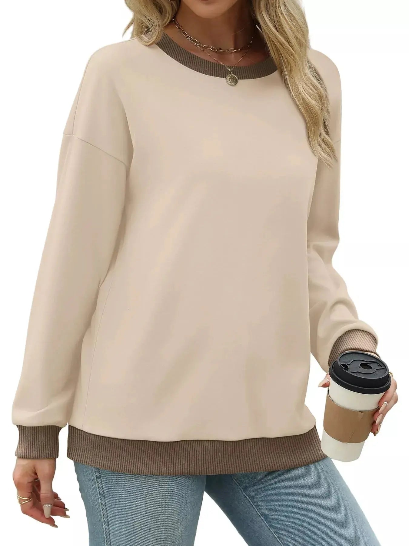 Contrast Trim Crew Neck Casual Sweatshirt Simply Love