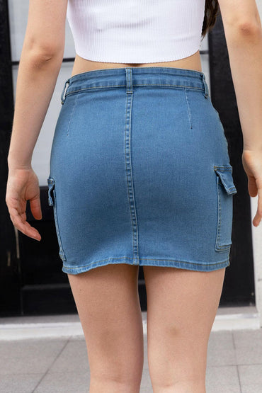 High Waist Pocketed Denim Skirt.