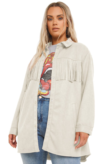 Chic plus size suede shacket with playful fringe detail