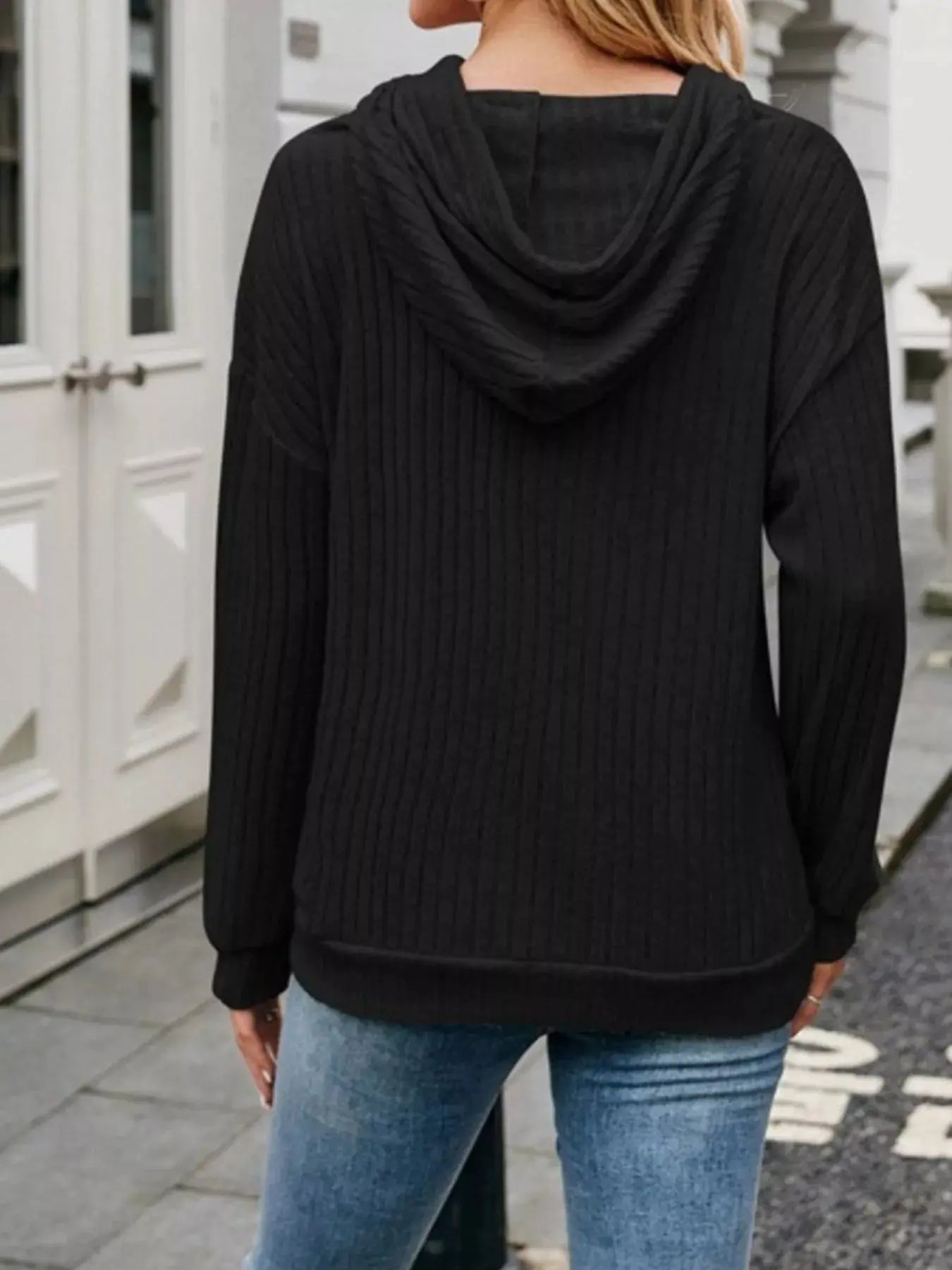 Casual Drawstring Ribbed Knit Hoodie Simply Love