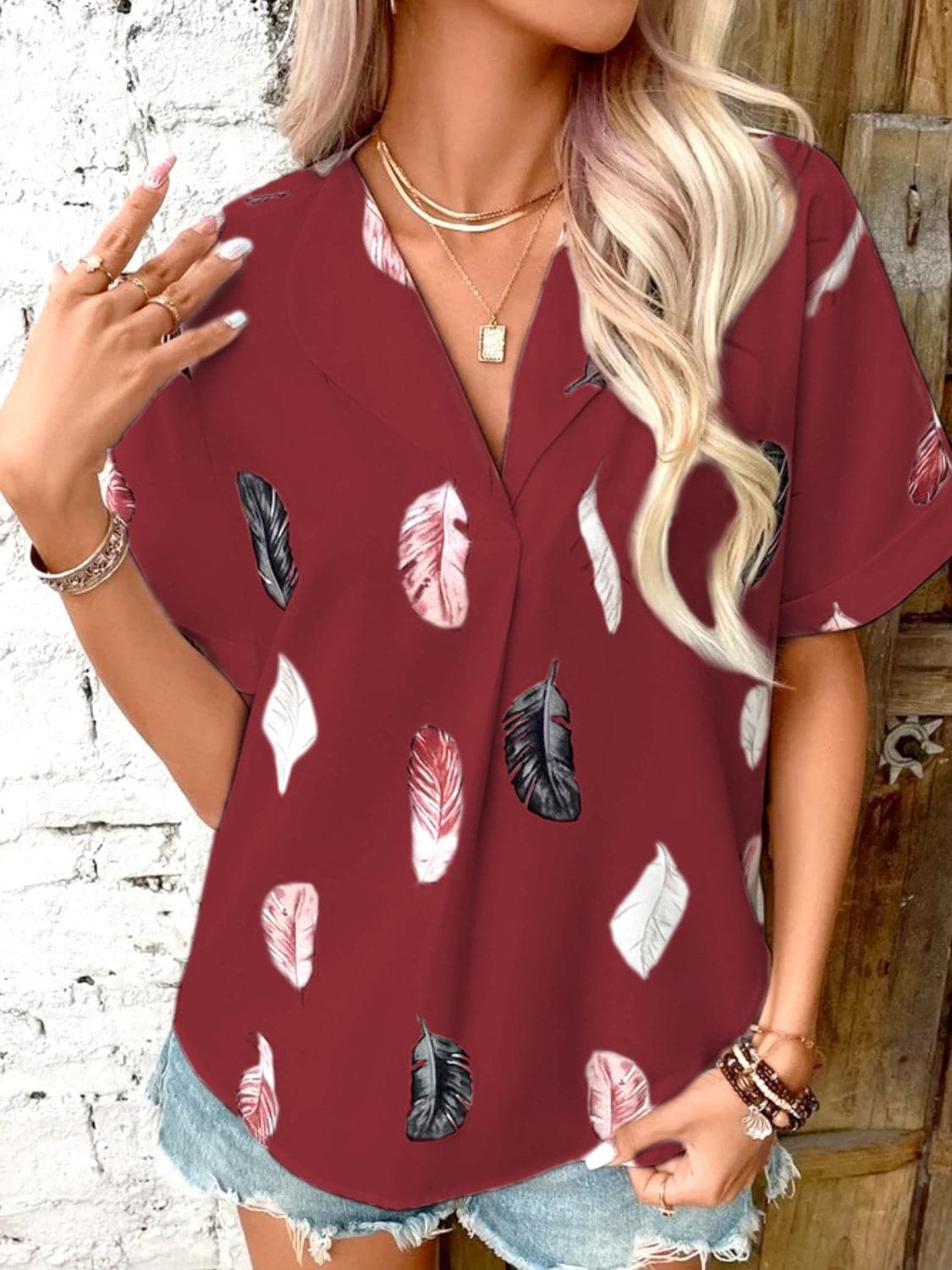 Full Size Printed Collared Neck Short Sleeve Blouse.