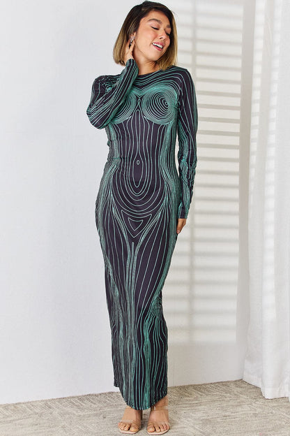 Cutout Round Neck Long Sleeve Maxi Dress.