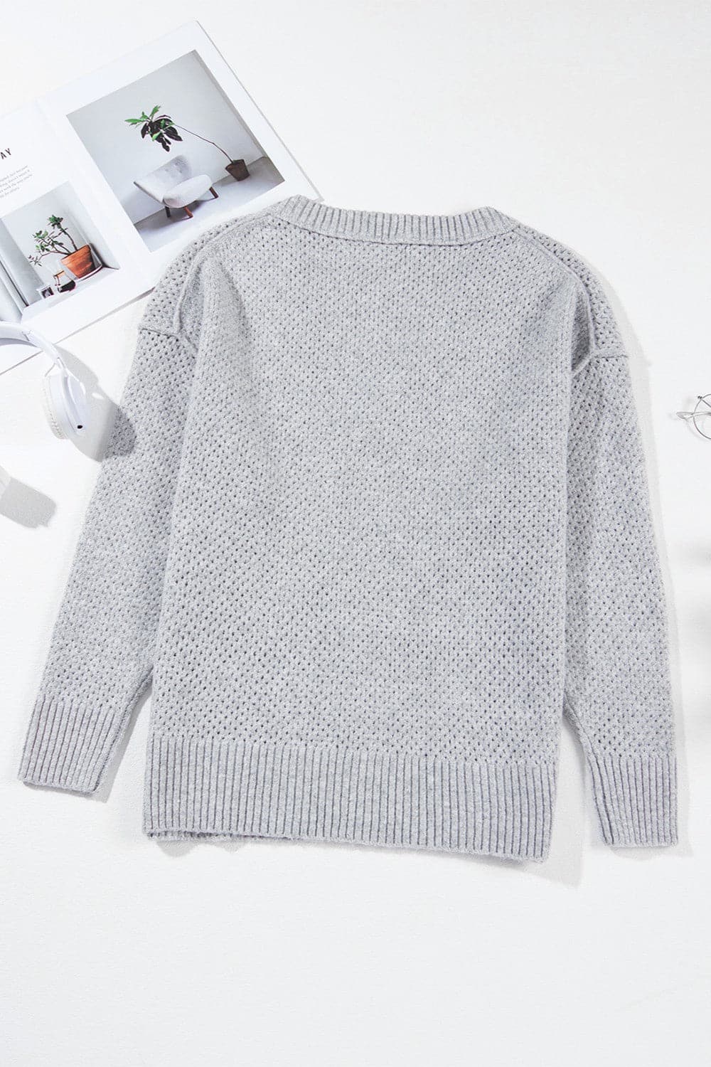 Openwork V-Neck Dropped Shoulder Sweater.