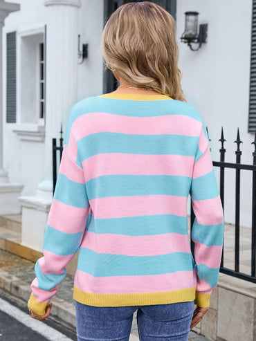 Striped Round Neck Dropped Shoulder Sweater.