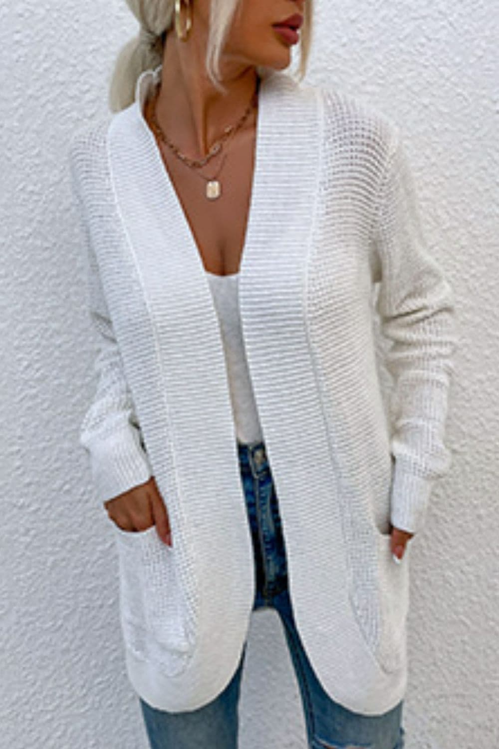 Open Front Rib-Knit Cardigan with Pockets.