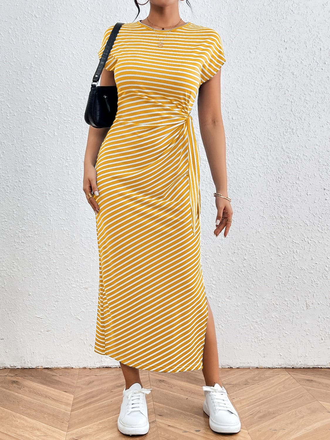 Tied Striped Round Neck Short Sleeve Tee Dress.