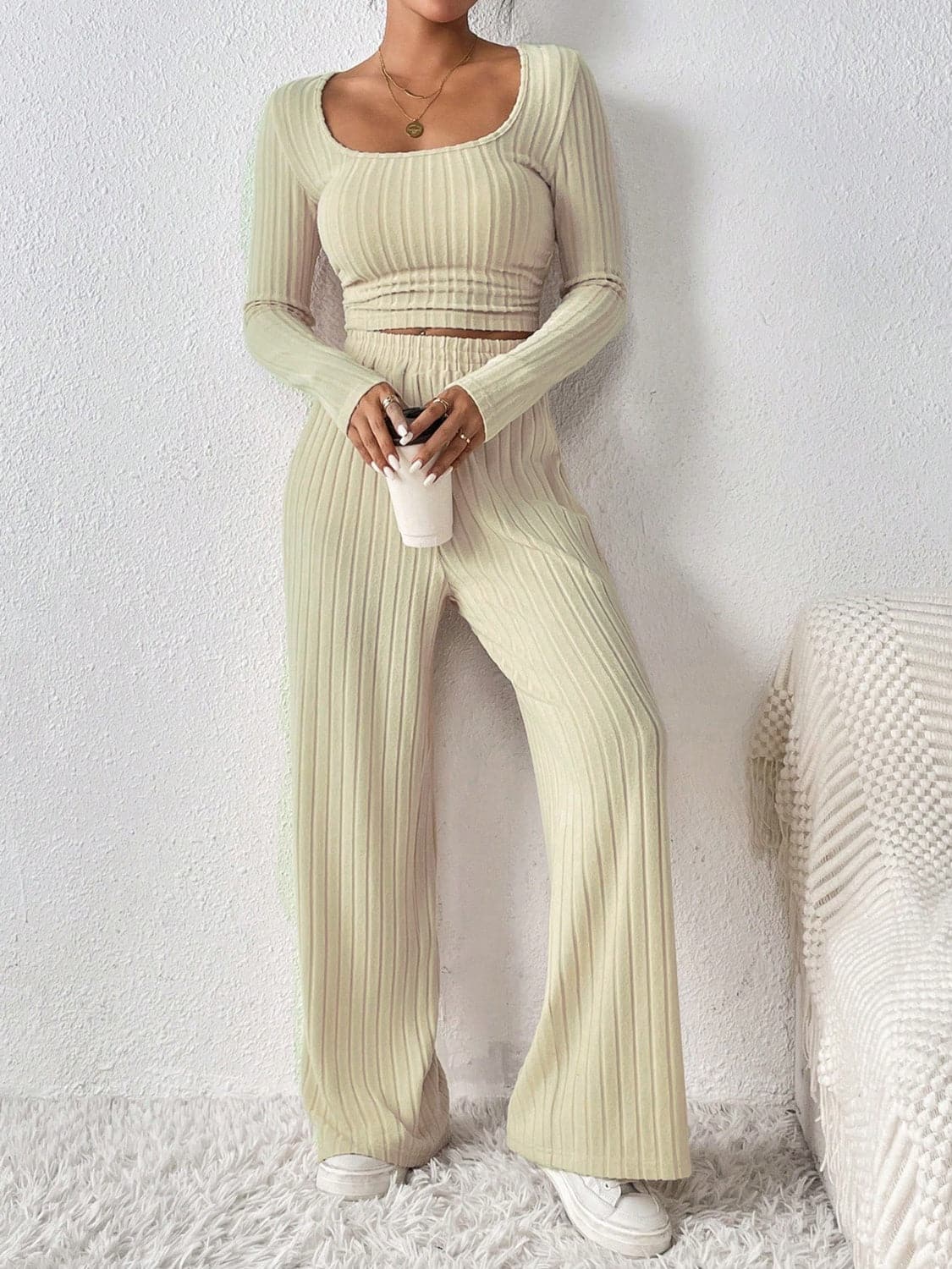 Cozy scoop neck long sleeve top and matching pants set