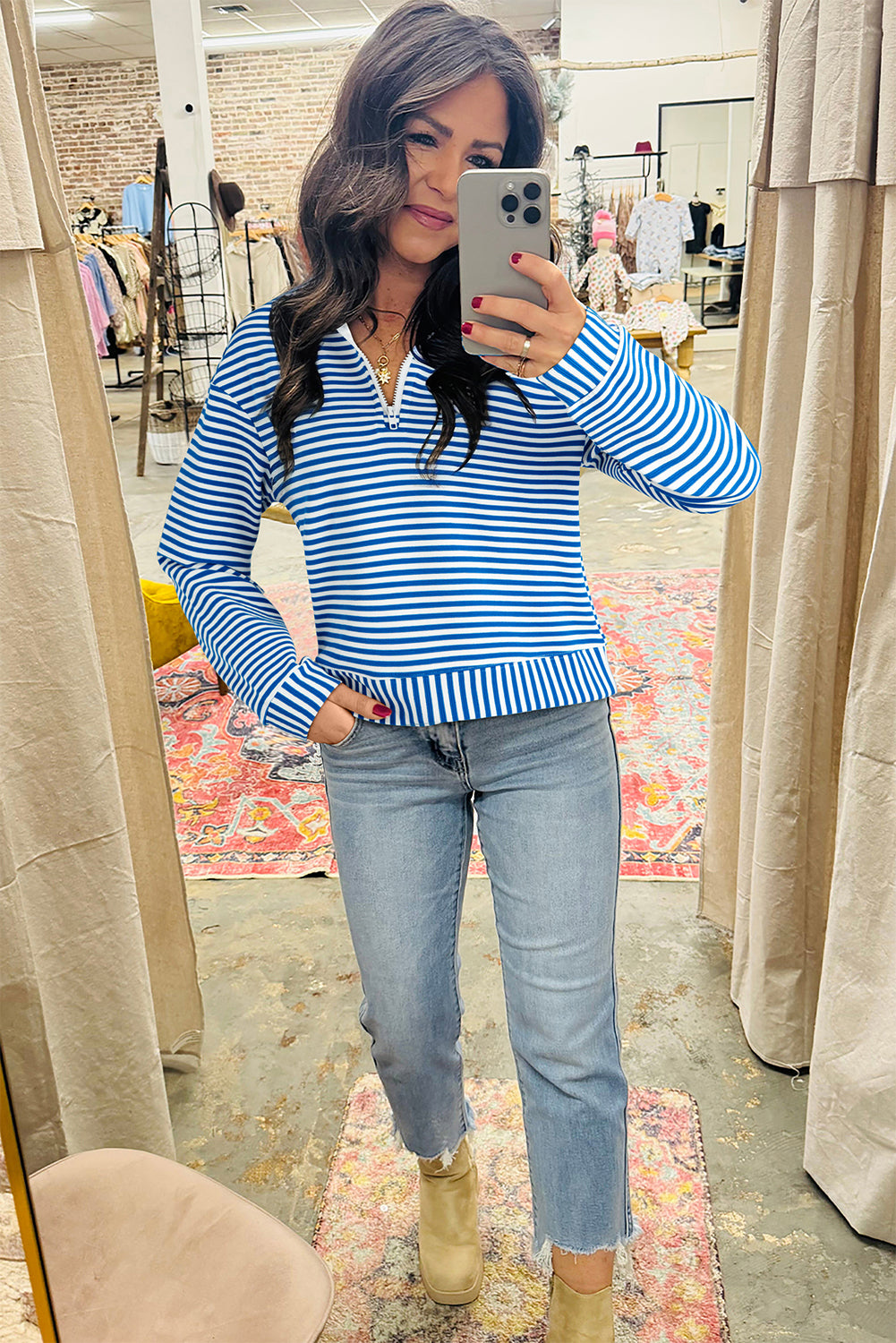 Premium Blue Stripe Quarter Zip Collar Pullover Long Sleeve Top
