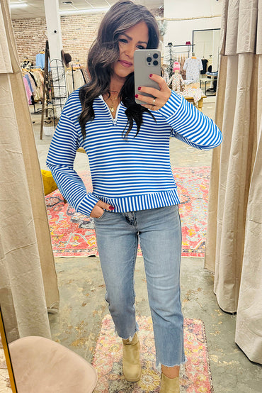 Premium Blue Stripe Quarter Zip Collar Pullover Long Sleeve Top