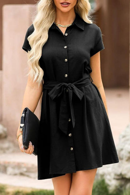 Tied Button Up Short Sleeve Dress.