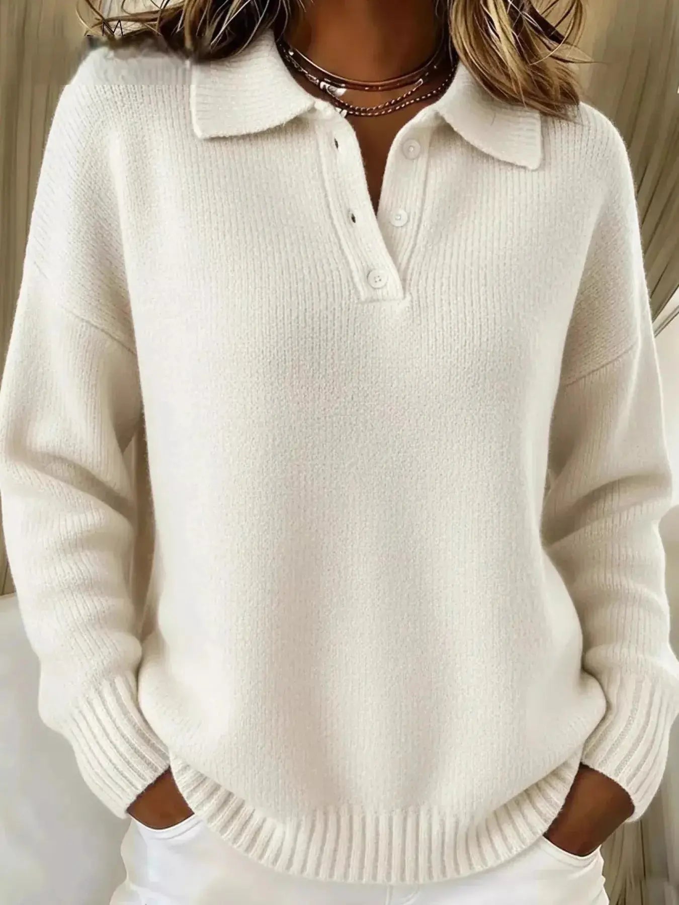 Full Size Half Button Collar Drop Shoulder Sweater Plus Size Simply Love