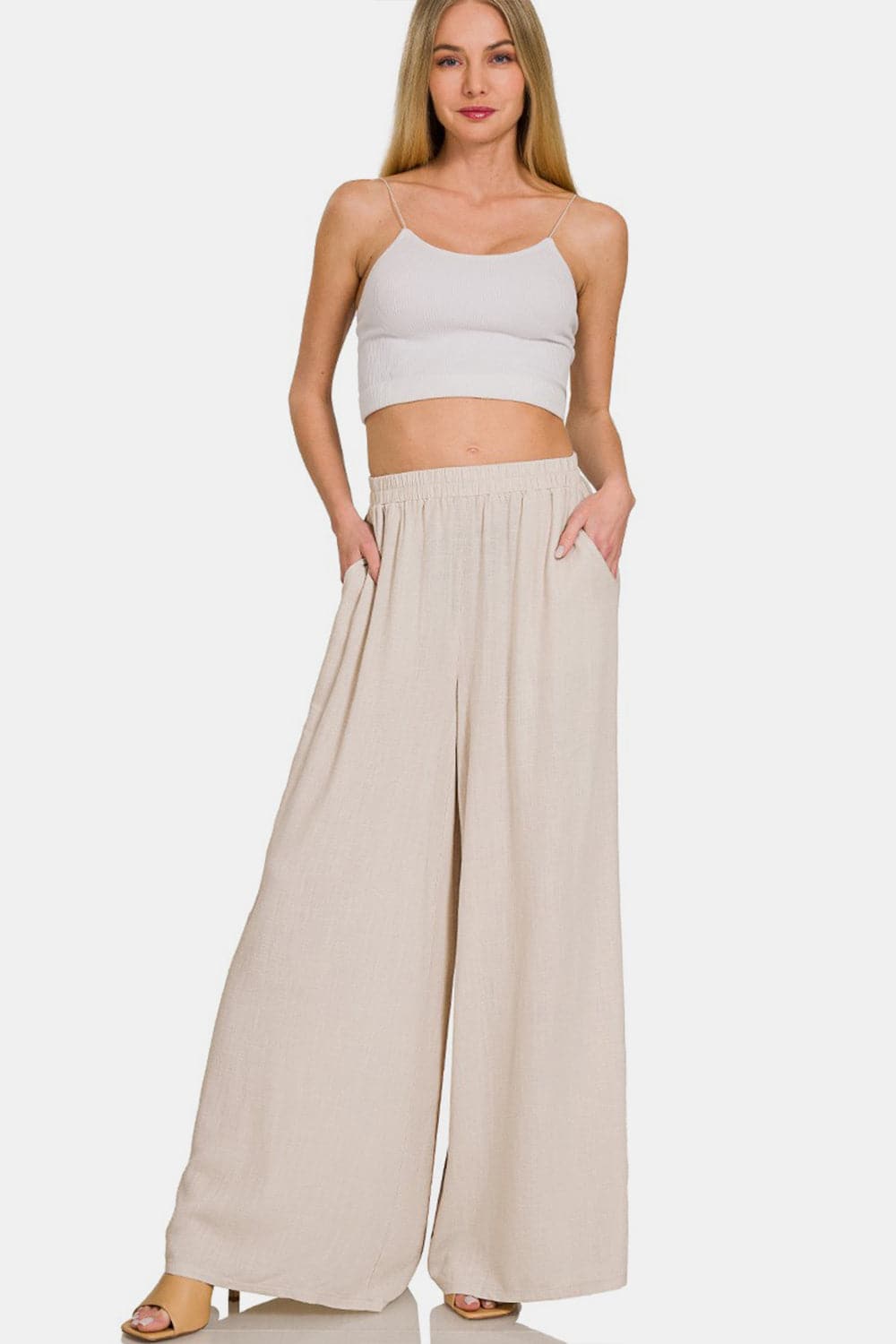 Zenana Pleated Linen Blend Wide Leg Pants.