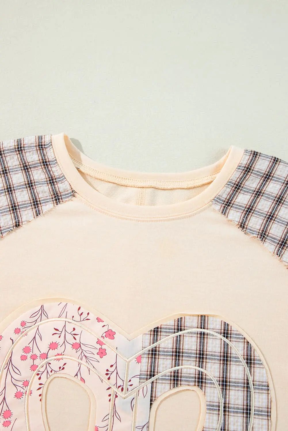 Beige Plaid Floral Peace Heart Graphic Wide Long Sleeve Top - Love Salve 