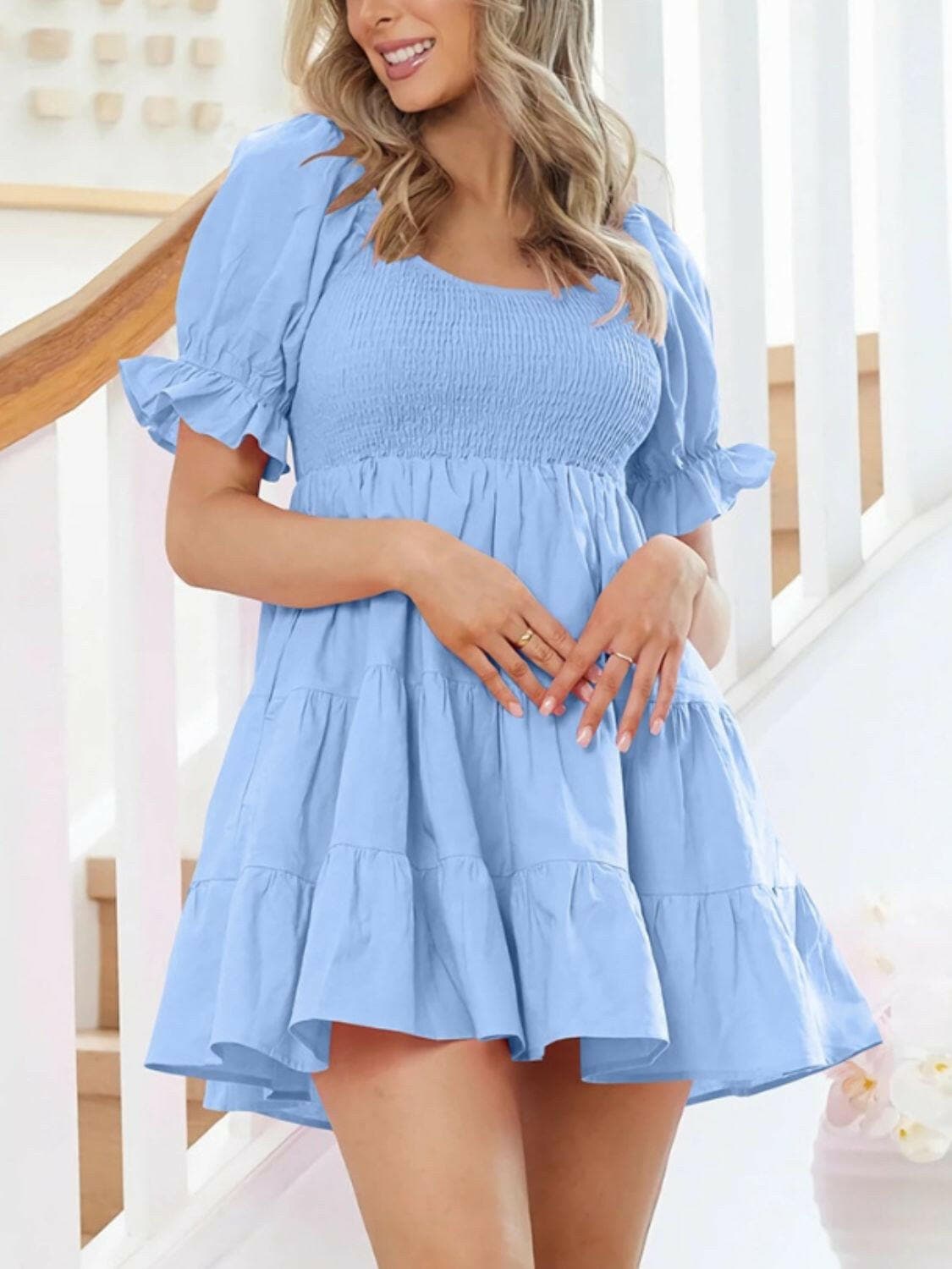 Smocked Flounce Sleeve Mini Dress.