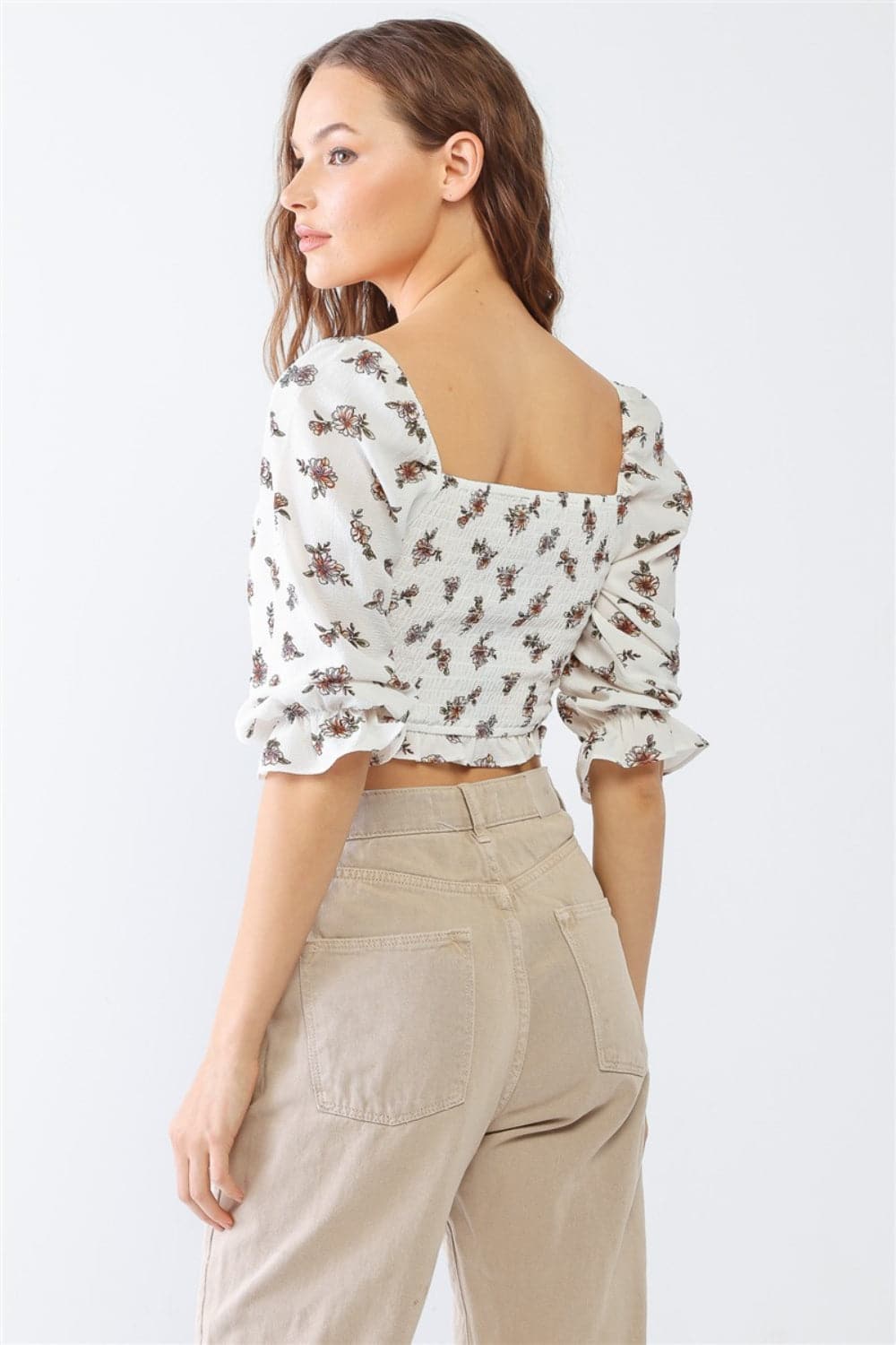 PAPERMOON Floral Ruffled Smocked Crop Top.