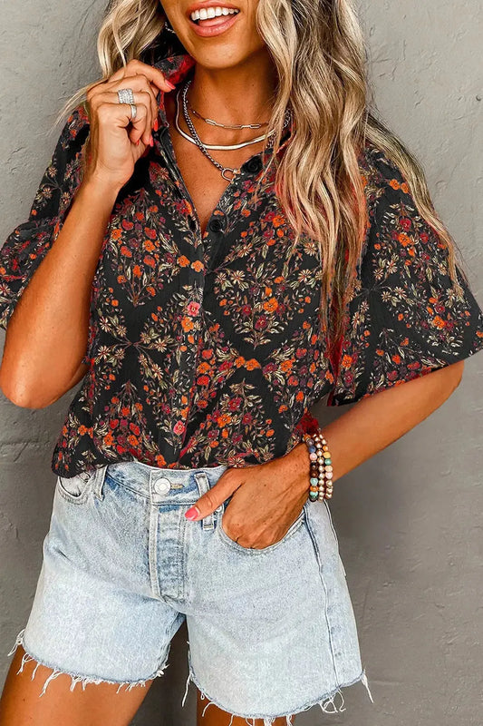 Vintage Floral Print Button-Down Shirt Simply Love