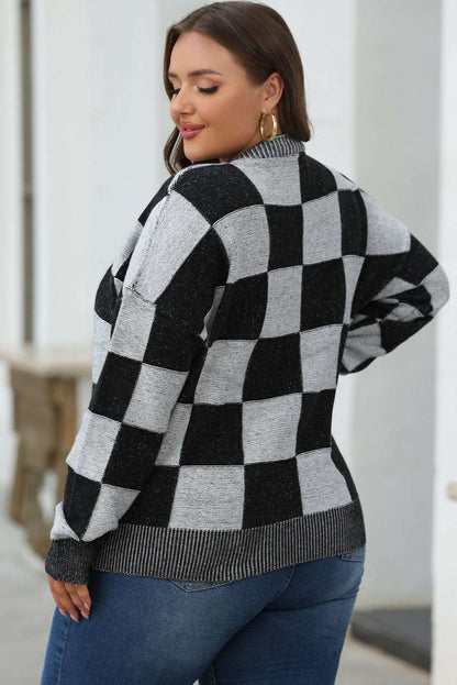 Chic black plaid cardigan, V-neck