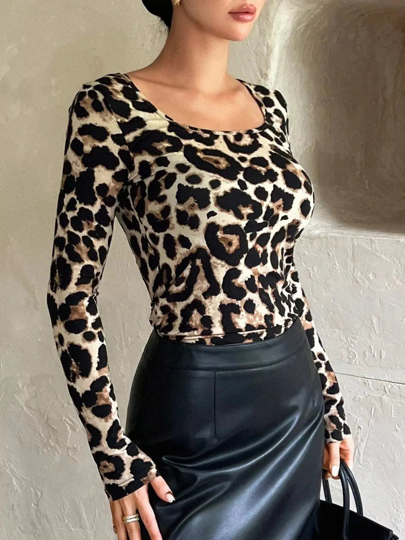 Leopard Print Square Neck Long Sleeve Top Simply Love