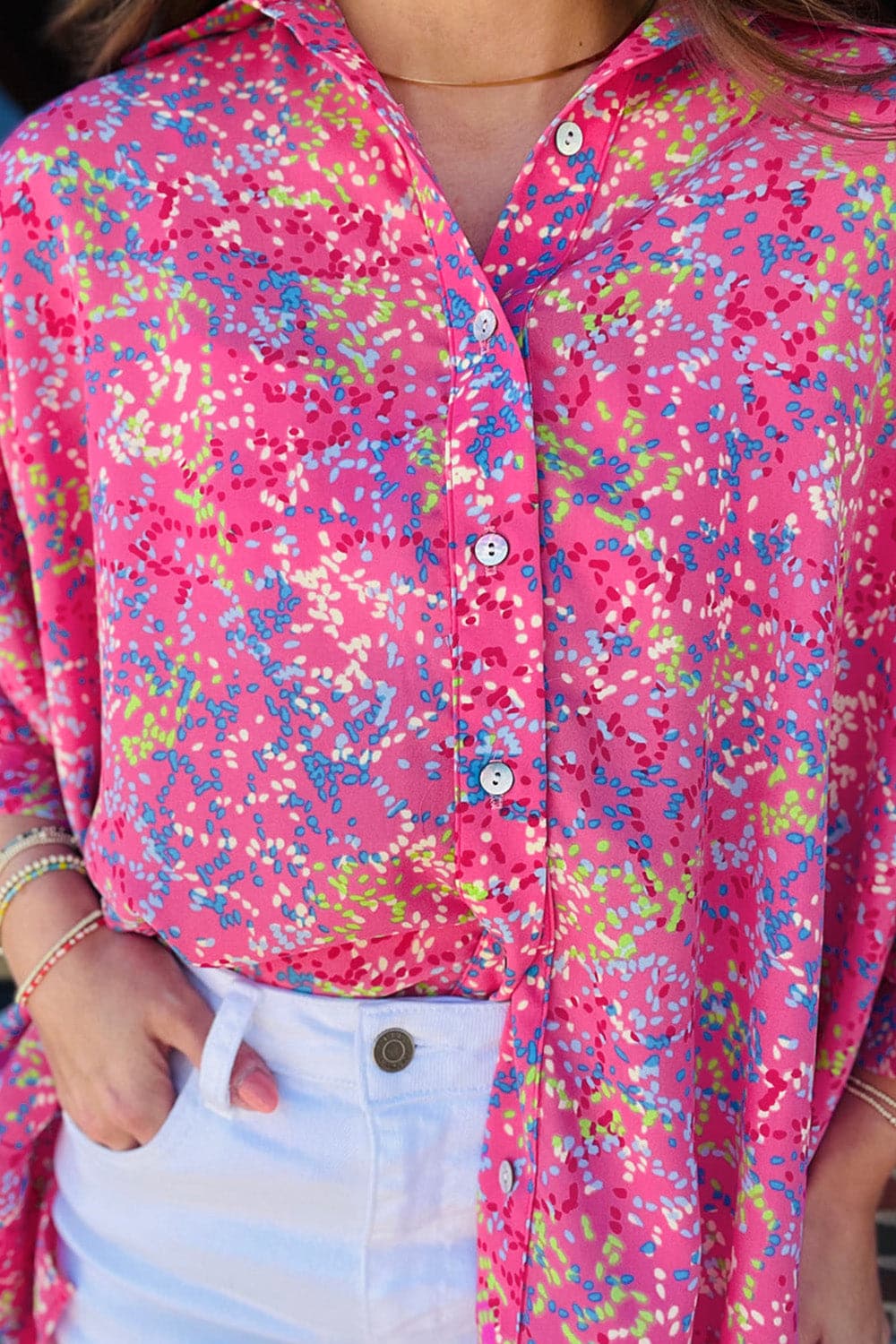 Printed Collared Neck Button Up Shirt.