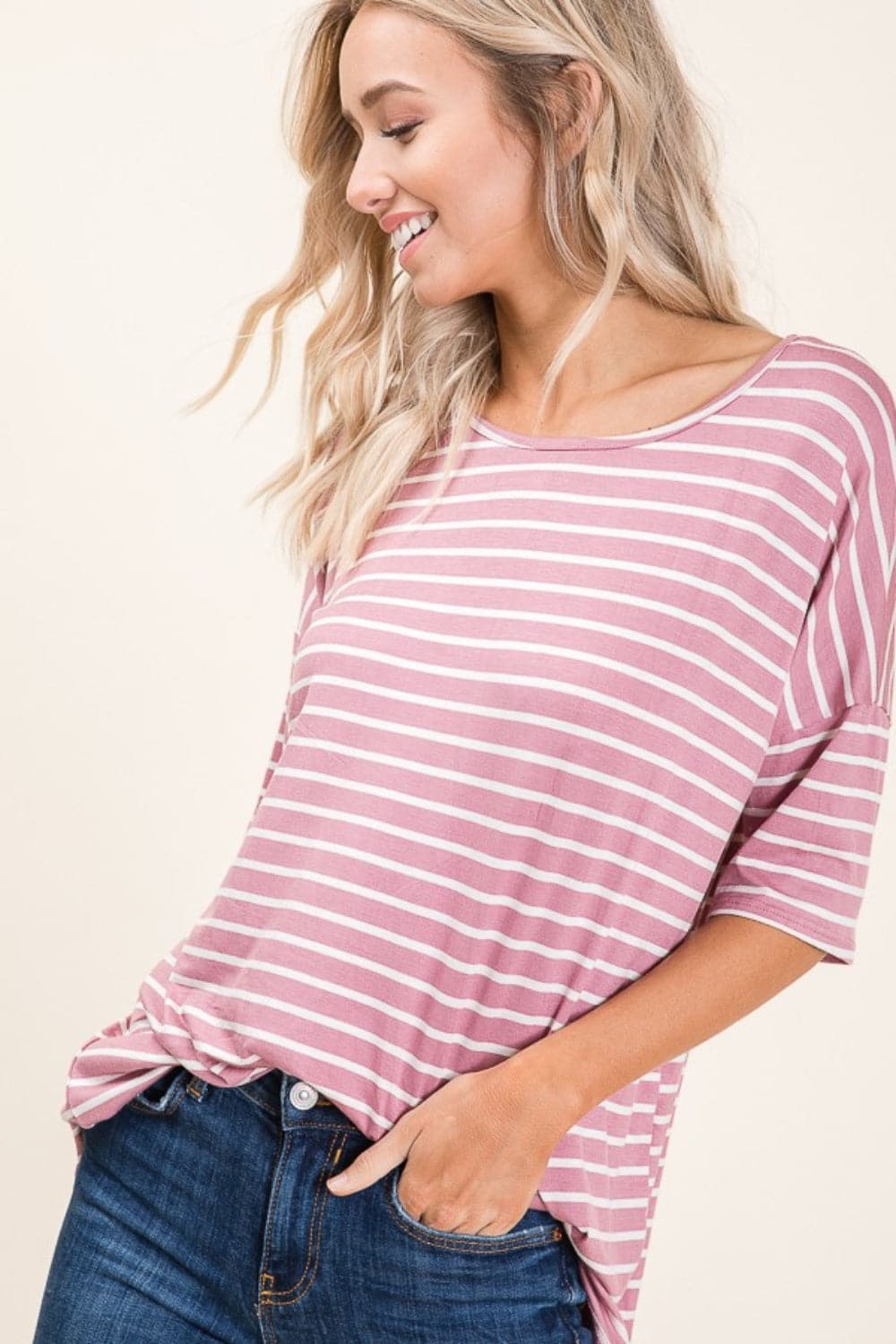 BOMBOM Striped Round Neck Half Sleeve T-Shirt.