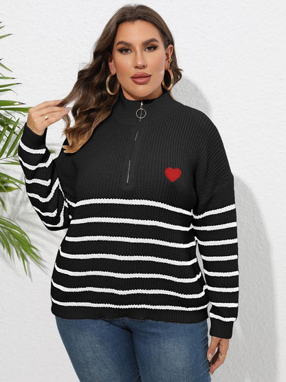 Plus Size Zip-Up Striped Sweater.