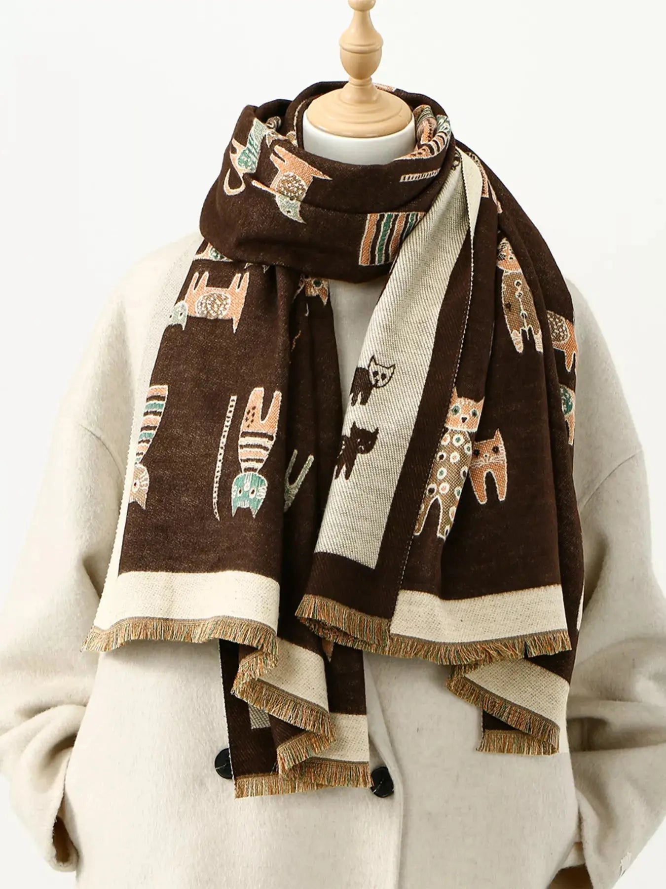 Cute Cat Pattern Raw Hem Scarf Simply Love