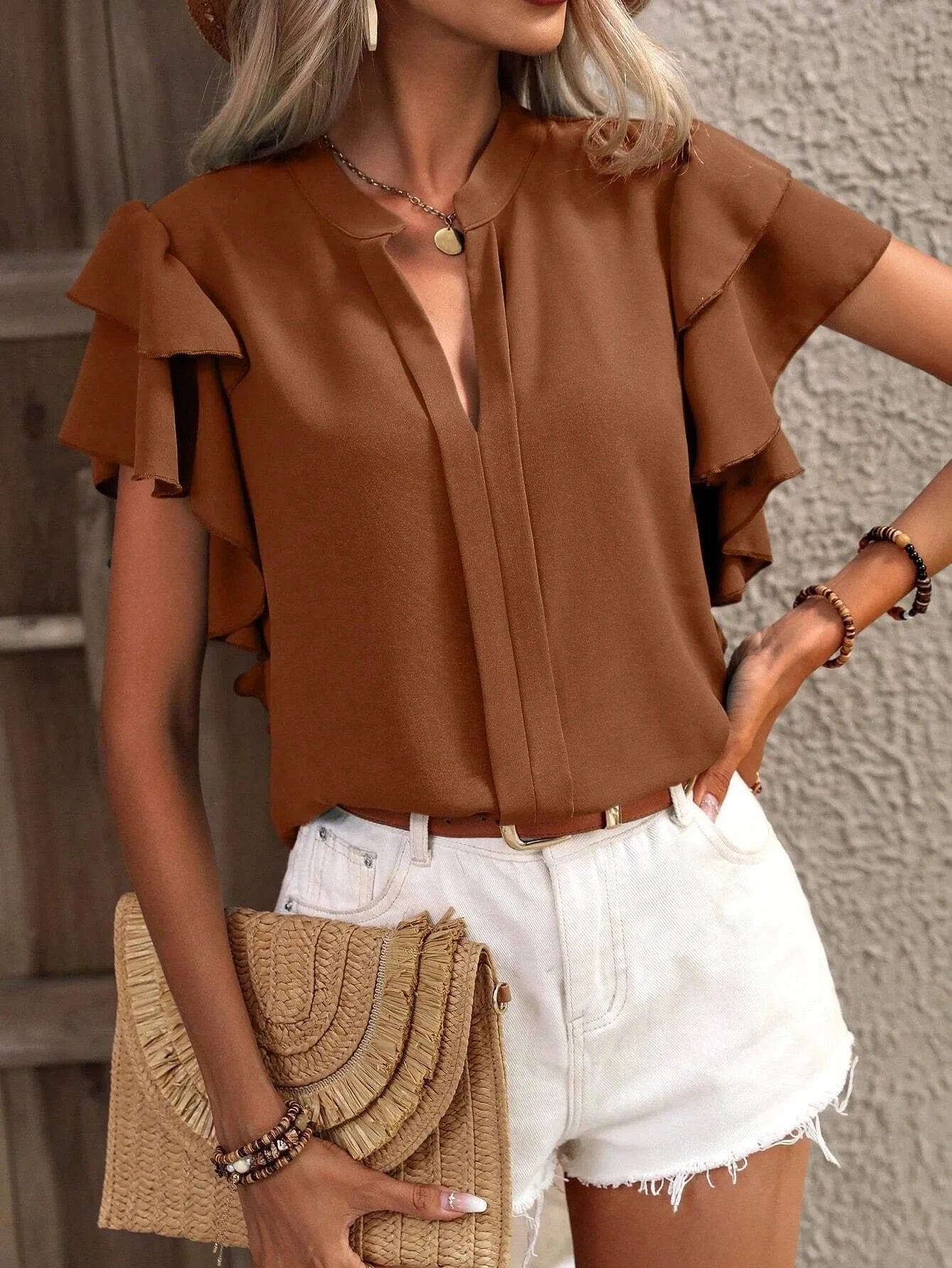 Ruffle Sleeve Notched Blouse Coco’s Tee Boutique
