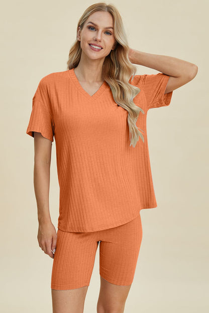 Basic Bae Full Size Ribbed V-Neck Short Sleeve Top and Shorts Set.