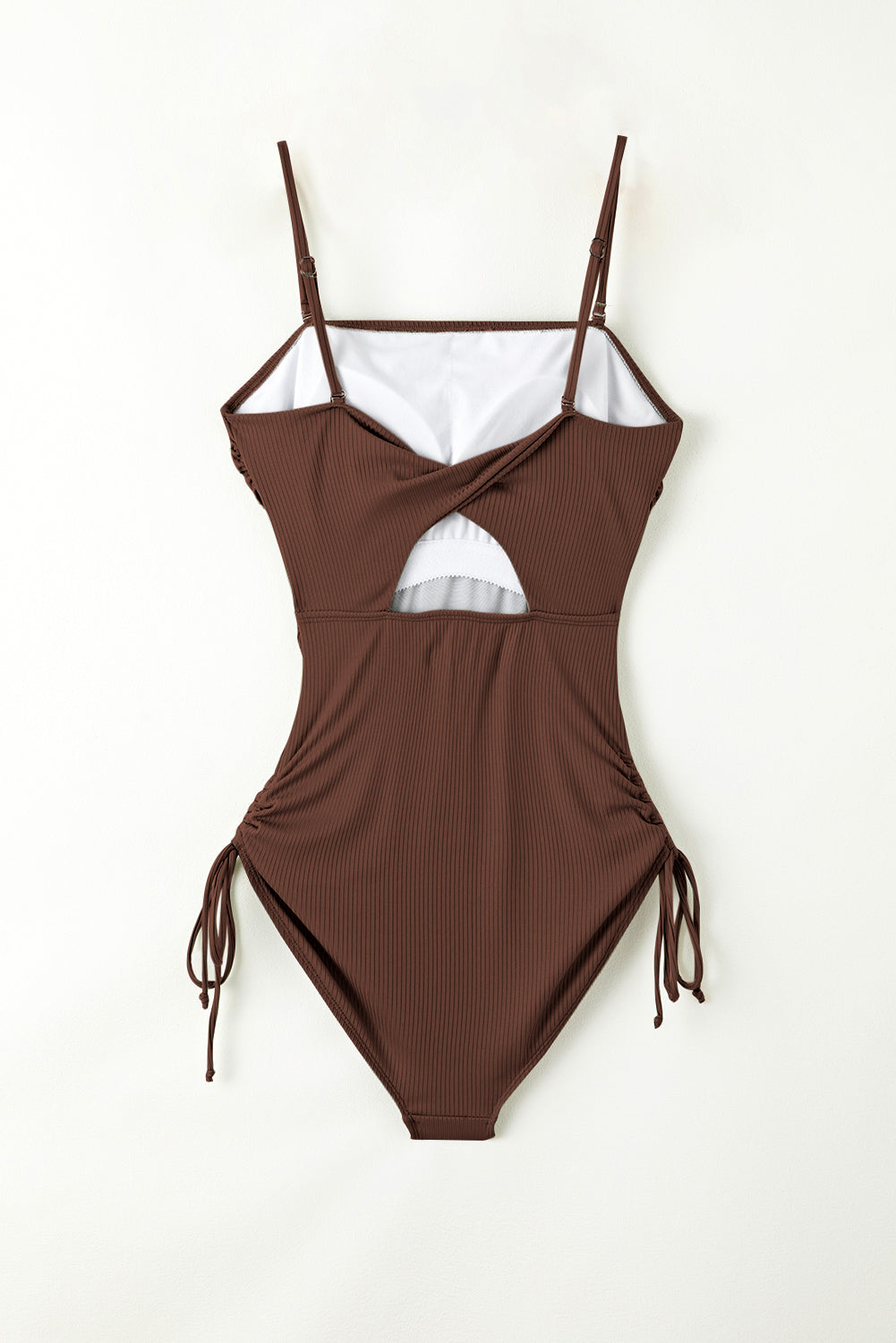 Coffee ribbed cutout monokini with adjustable drawstring sides