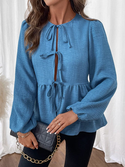 Chic tie neck peplum blouse