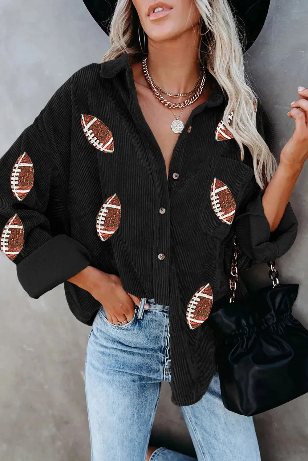 Sequin Football Button Up Long Sleeve Jacket Coco’s Tee Boutique