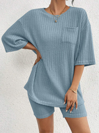 Ribbed Round Neck Top and Shorts Set.