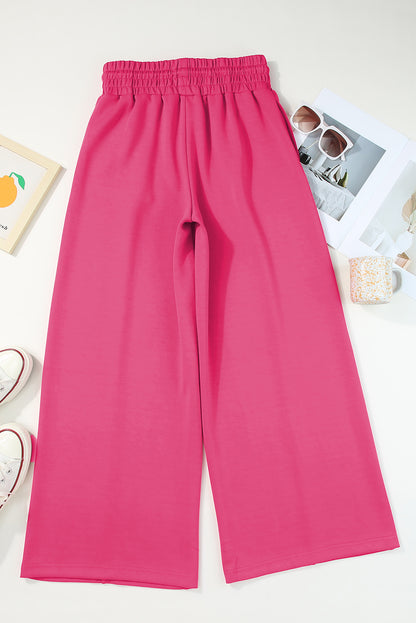 Chic rose red wide leg sweatpants with drawstring smocked waist