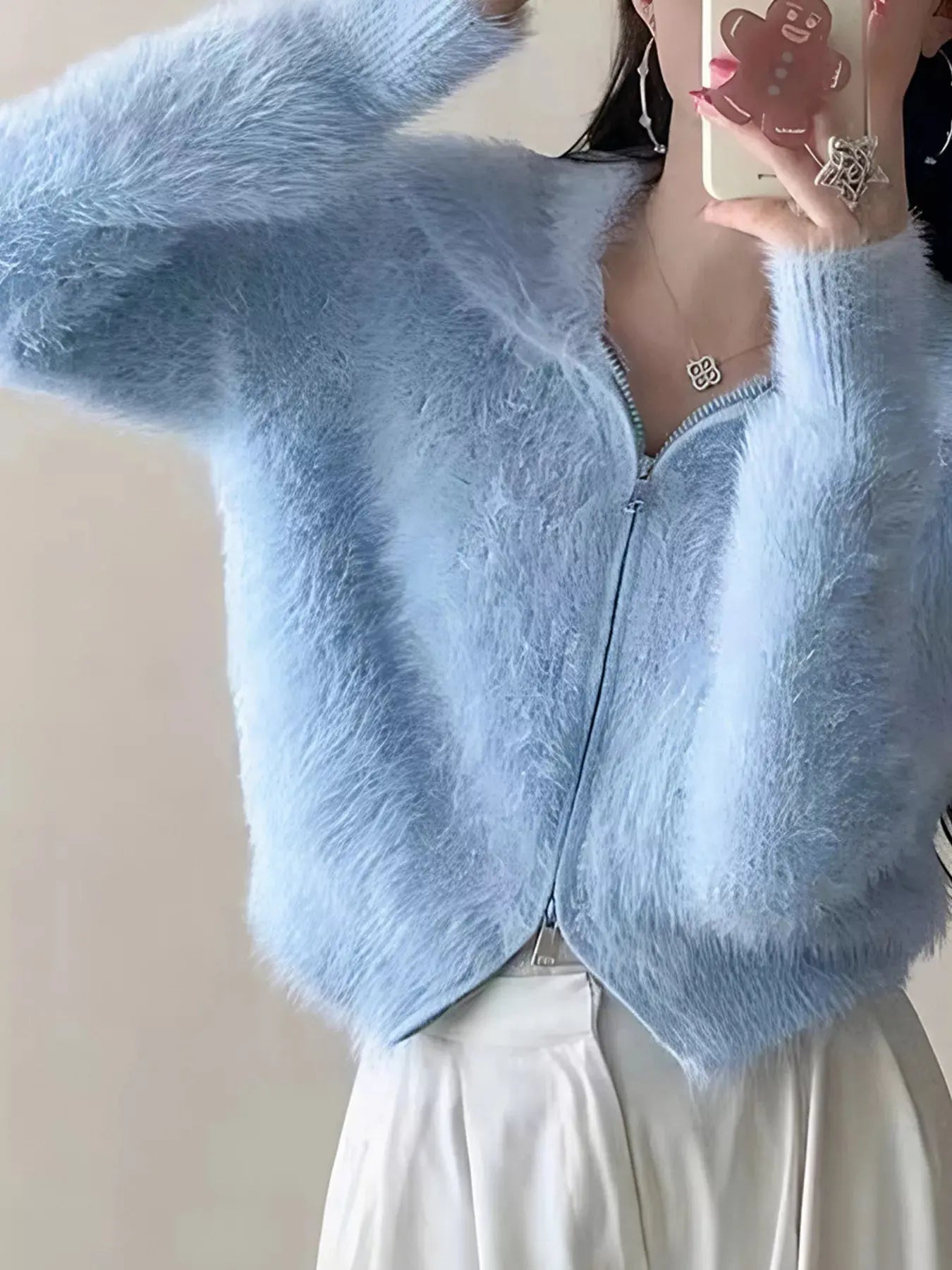 Fluffy Knit Zip-Up Outerwear Simply Love