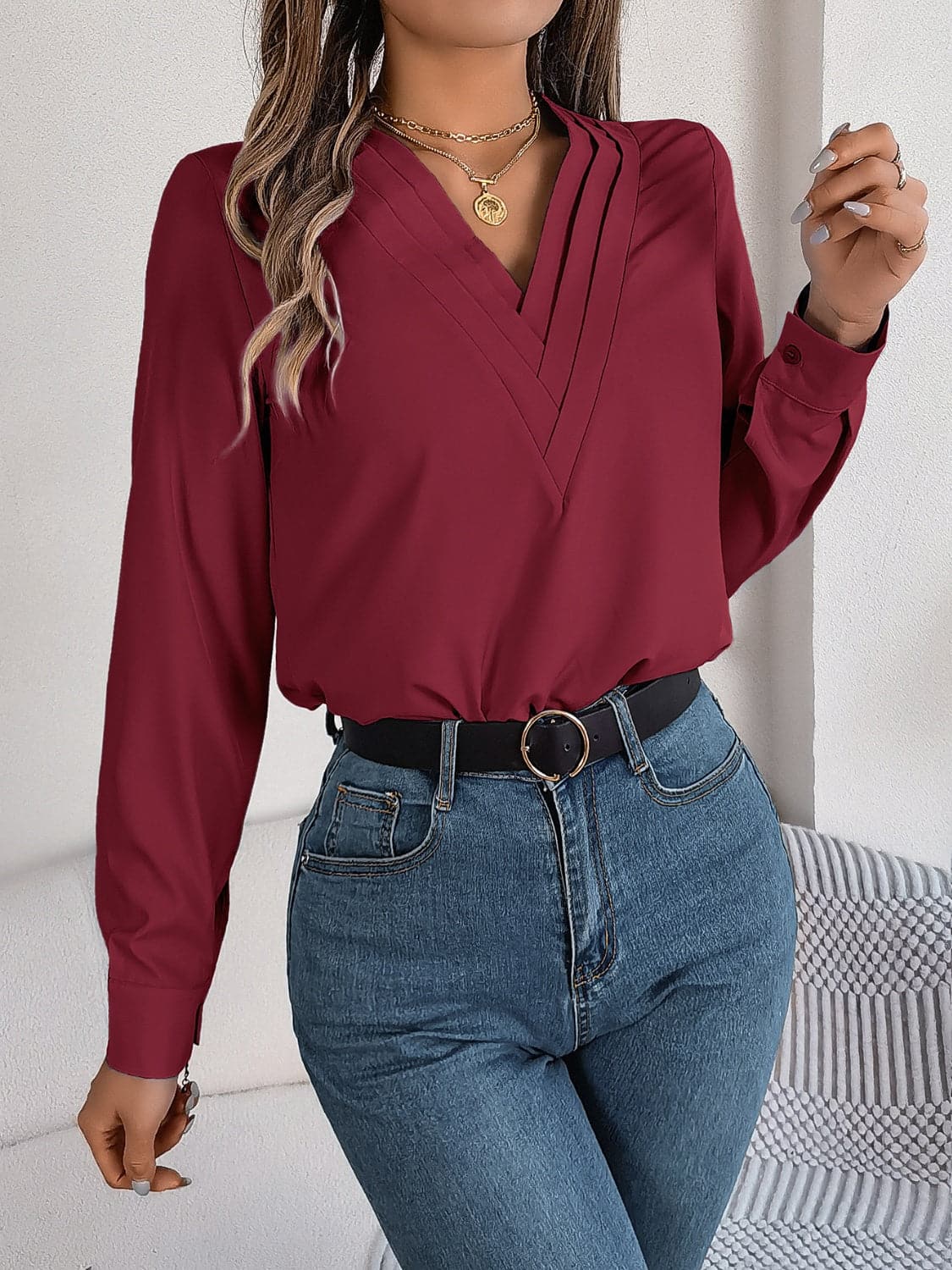 V-Neck Long Sleeve Blouse.