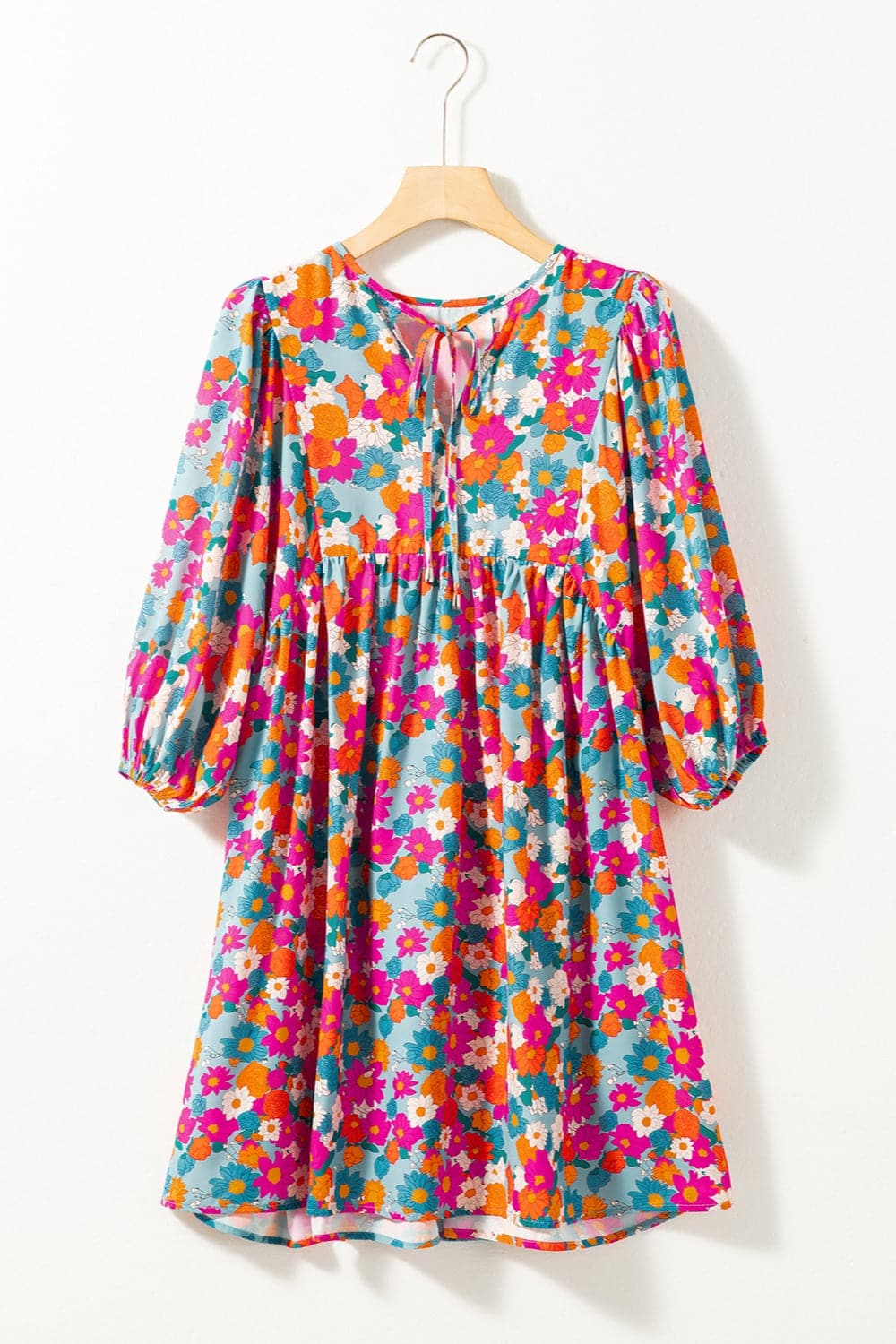 Floral Tie Neck Puff Sleeve Mini Dress.