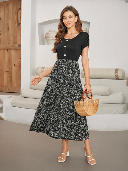 Printed Round Neck Short Sleeve Midi Dress.